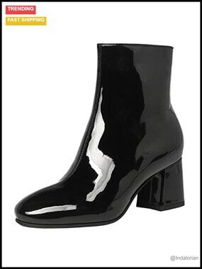 Chunky Heeled Patent Leather Square Toe Ankle Boots Zip Up Block Heel Wide Calf
